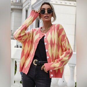 Argyle Button Front Drop Shoulder Cardigan